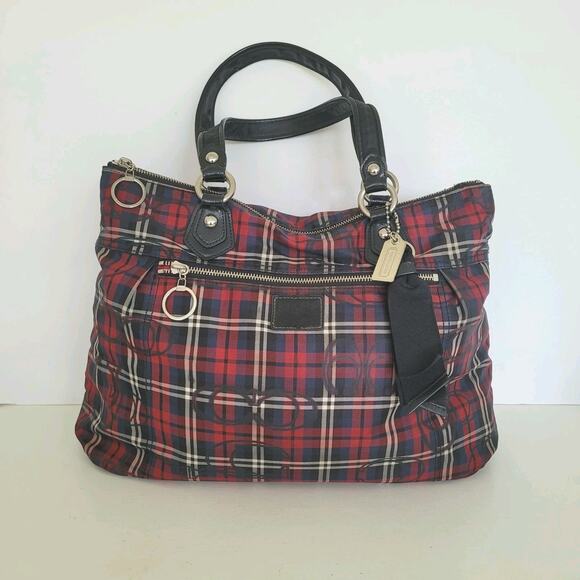 Coach Poppy 18713 Tartan Glam Plaid Red Blue Black Large Tote Purse Shoulder Bag - Picture 1 of 11